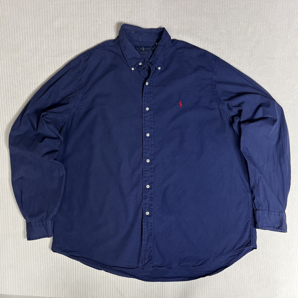 Ralph Lauren Shirt Mens 2XL Blue Solid Bermuda Poplin Long Sleeve Button Up